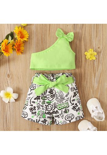 2pcs Baby Girl Cotton One Shoulder Sleeveless Crop Top and Belted Comics Shorts Set