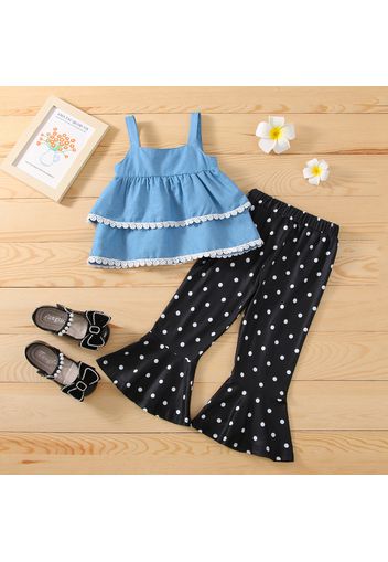 2-piece Toddler Girl Lace Design Layered Denim Camisole and Polka dots Flared Pants Set