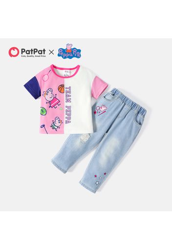 Peppa Pig 2pcs Toddler Girl Colorblock Letter Print Short-sleeve Tee and Denim Jeans Set