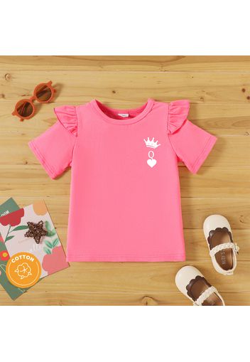 Toddler Girl  Heart Crown Print Ruffled Deep pink Short-sleeve Tee
