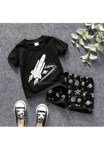 2pcs Toddler Boy Casual Rocket Planet Print Tee and Shorts Set