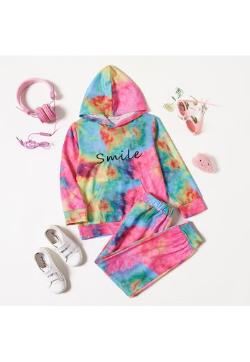 2-piece Kid Girl Letter Print Tie Dye Hoodie Sweatshirt and Elasticized Pants Set