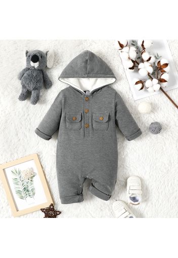 Baby Boy Thickened Fleece Lined Dark Grey Long-sleeve Hooded Jumpsuit