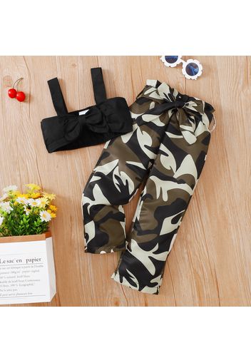 2-piece Toddler Girl Bowknot Design Black Crop Camisole and Belted Camouflage Print Pants Set