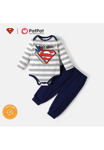 Superman 2pcs Baby Boy Cotton Long-sleeve Striped Graphic Romper and Solid Pants Set