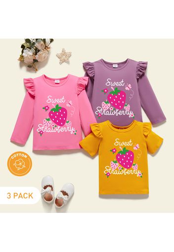 3-Pack Toddler Girl Graphic Strawberry and Letter Print Ruffled Tee Set