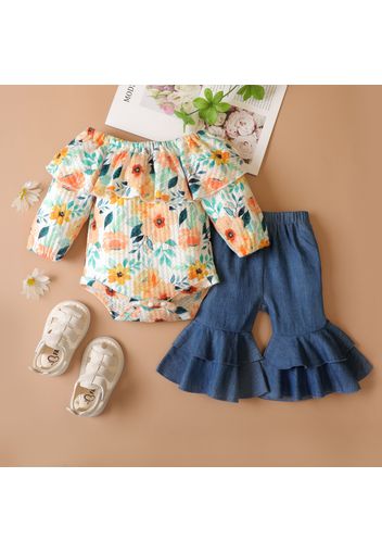 Baby 2pcs Floral Print Off Shoulder Ruffle Long-sleeve Romper and Denim Flared Pants Set