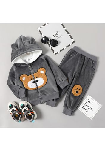 2-piece Toddler Boy Bear Embroidery Ear Decor Fluffy Jacket and Pants Casual Set