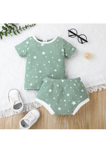 2pcs Baby Boy/Girl Sun/Moon/Stars Print Ribbed Short-sleeve Top and Shorts Set