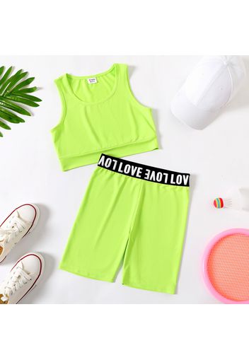 2pcs Kid Girl Solid Color Tank Top and Letter Print Shorts Sporty Set