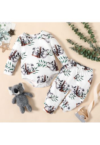 2pcs Baby Boy All Over Koala Print White Long-sleeve Romper and Trousers Set