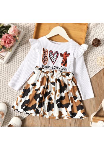 Toddler Girl Animal Cows Letter Print Ruffled Ribbed Long-sleeve Splice Dress