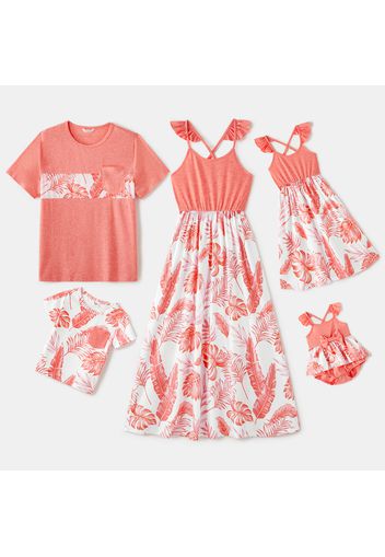 Family Matching Solid Splicing Plants Print Round Neck Ruffle Spaghetti Strap Dresses and Short-sleeve T-shirts Sets