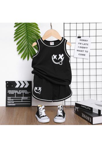 2pcs Toddler Boy Face Emojis Print Tank Top and Elasticized Shorts Set