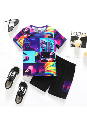 2pcs Kid Boy Allover Print Short-sleeve Tee and Pocket Design Shorts Set