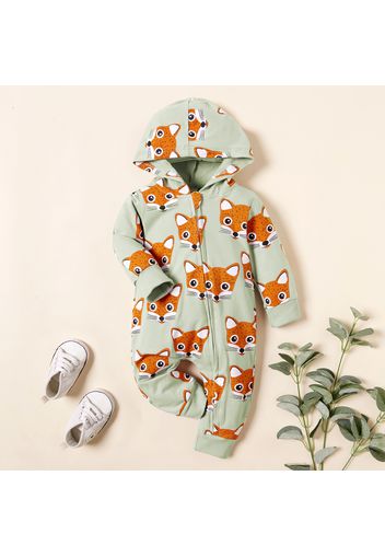 Fox Allover Hooded Long-sleeve Green Baby Jumpsuit