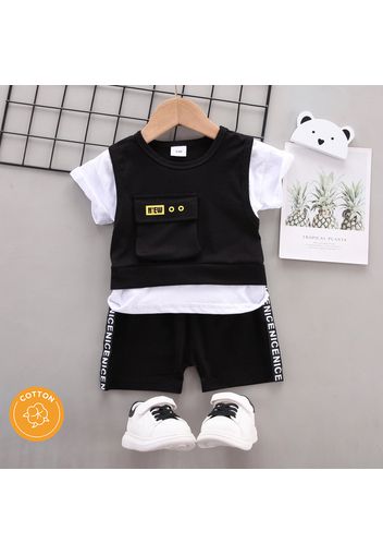 2pcs Baby Boy 95% Cotton Short-sleeve Faux-two Top and Letter Print Shorts Set