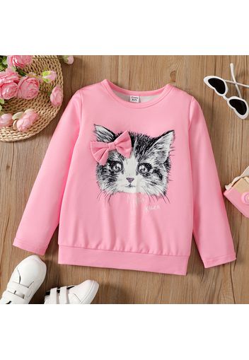 Kid Girl Cat Print Bowknot Design Pink Pullover Sweatshirt