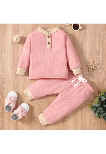 2pcs Baby Boy/Girl Solid Ribbed Long-sleeve Button Top and Trousers Set