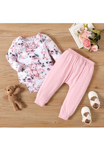 2pcs Baby Girl Allover Bear & Floral Print Long-sleeve Romper and High Waist Pants Set