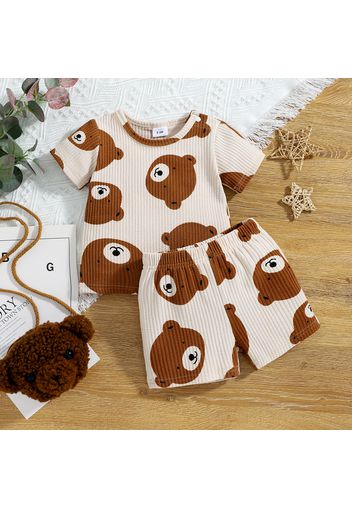 2pcs Baby Boy/Girl All Over Cartoon Bear Print Ribbed Textured Short-sleeve Top and Shorts Set