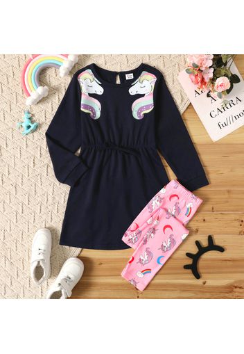 2-piece Kid Girl Unicorn Print Waisted Bowknot Design Long-sleeve Top and Rainbow Print Pants Set