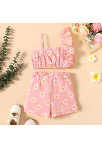 2-piece Toddler Girl 100% Cotton Floral Print Ruffled Camisole and Paperbag Shorts Set