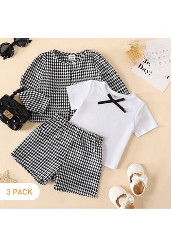 3pcs Baby Girl Houndstooth Long-sleeve Jacket and Shorts with Solid Tee Set