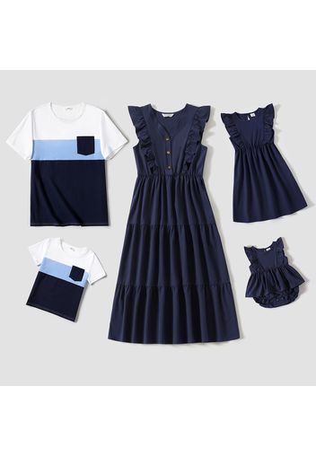 Family Matching Solid V Neck Ruffle Sleeveless Dresses and Colorblock Short-sleeve T-shirts Sets