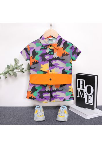 2pcs Toddler Boy Camouflage Print Coloblock Lapel Collar Short-sleeve Shirt and Shorts Set