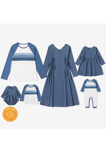 Mosaic Family Matching Blue Series Cotton Sets(V-neck Dresses - Raglan Long Sleeves T-shirts - Rompers)