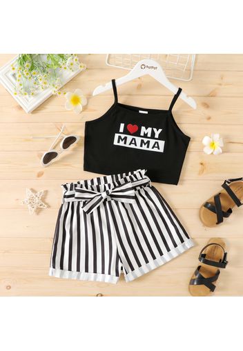 Mother's Day 2-piece Kid Girl Letter Print Black Camisole and Belted Stripe Shorts Set