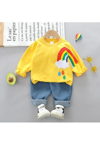 2-piece Toddler Boy Rainbow Cloud Sun Print Pullover and Denim Jeans Set