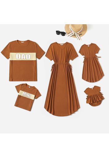 Family Matching Brown Short-sleeve Drawstring Dresses and Letter Print T-shirts Sets