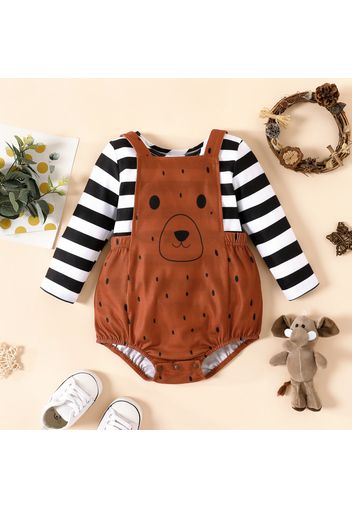 2pcs Baby Boy Striped Long-sleeve Sweatshirt and Cartoon Bear Print Brown Overall Shorts Set