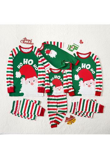 Christmas Cartoon Santa Print Colorblock Family Matching Raglan Long-sleeve Striped Pajamas Sets (Flame Resistant)