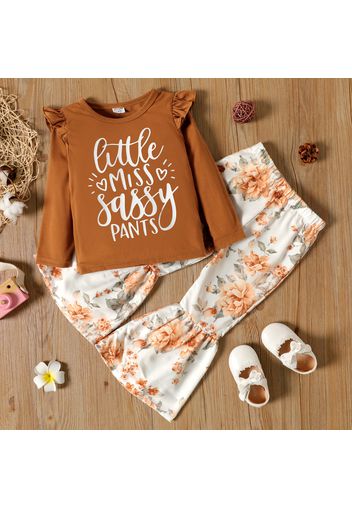 2-piece Toddler Girl Letter Print Ruffled Long-sleeve Top and Floral Print Flared Pants Set