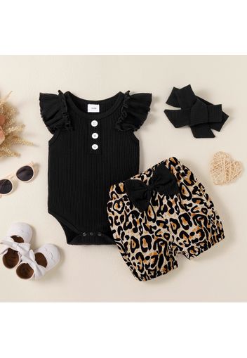 3pcs Baby Girl Solid Ribbed Flutter-sleeve Romper and Leopard Shorts with Headband Set