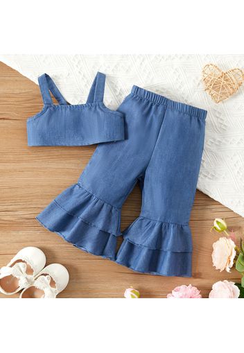 2pcs Baby Girl Imitation Denim Shirred Camisole Crop Top and Layered Ruffle Bell Bottom Pants Set