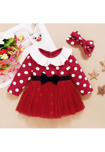 2pcs 95% Cotton Long-sleeve Red Polka Dots Splicing Mesh Romper Dress with Headband Set