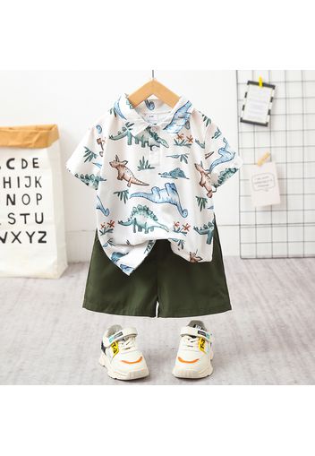 2pcs Toddler Boy Playful Dinosaur Print Shirt and Shorts Set