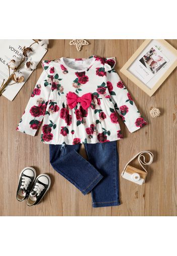 2-piece Toddler Girl Ruffled Bowknot Design Floral Print Long-sleeve Top and Ripped Denim Jeans Set