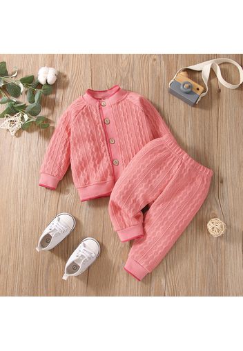 2pcs Baby Solid Cable Knit Button Down Long-sleeve Outwear and Pants Set