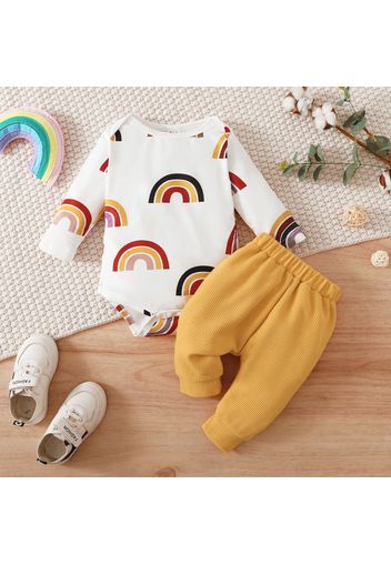 2pcs Baby Boy/Girl Allover Rainbow Print Long-sleeve Romper and Solid Waffle Pants Set