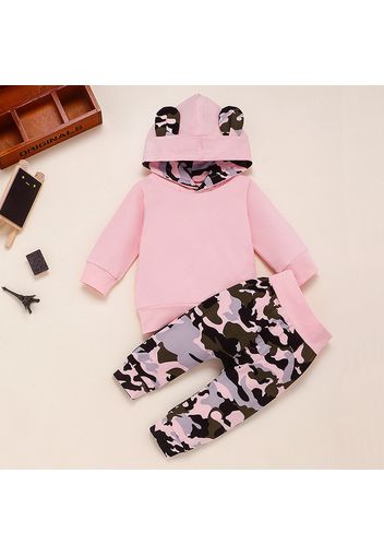 100% Cotton 2pcs Camouflage Print Hooded Long-sleeve Pink Baby Set