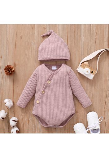 2pcs Baby Solid Knitted Long-sleeve Romper with Hat Set