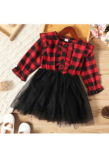 Toddler Girl Ruffled Button Design Plaid Mesh Splice Long-sleeve Dress