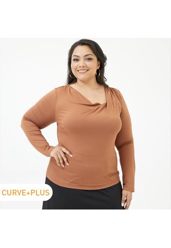 Women Plus Size Casual Irregular Collar Long-sleeve Brown Tee