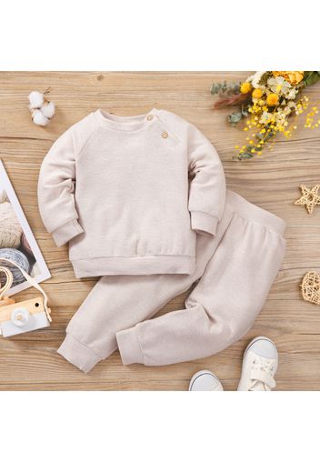 2pcs Toddler Boy Basic Button Design Raglan Sleeve Solid Color Sweatshirt and Elasticized Pants Set