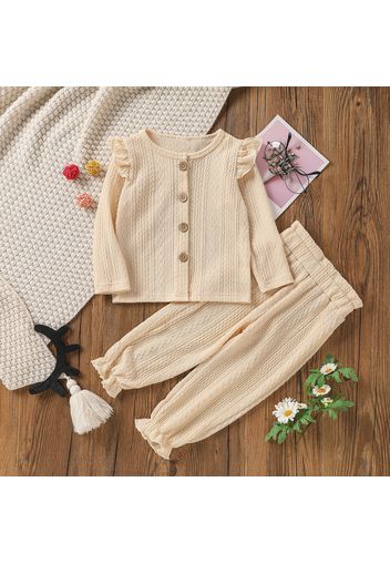 2-piece Toddler Girl Ruffled Cable Knit Textured Button Design Long-sleeve Top and Paperbag Pants Set